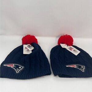 New England Patriots Beanie Ladies Blue with Logo and Red Pom Pom Set Of 2 NWT